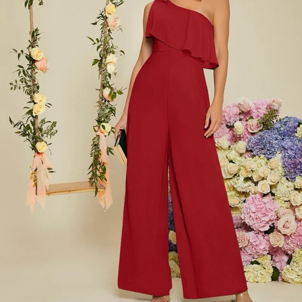 Ruched Trim One Shoulder Wide Leg Jumpsuit,Red Color
